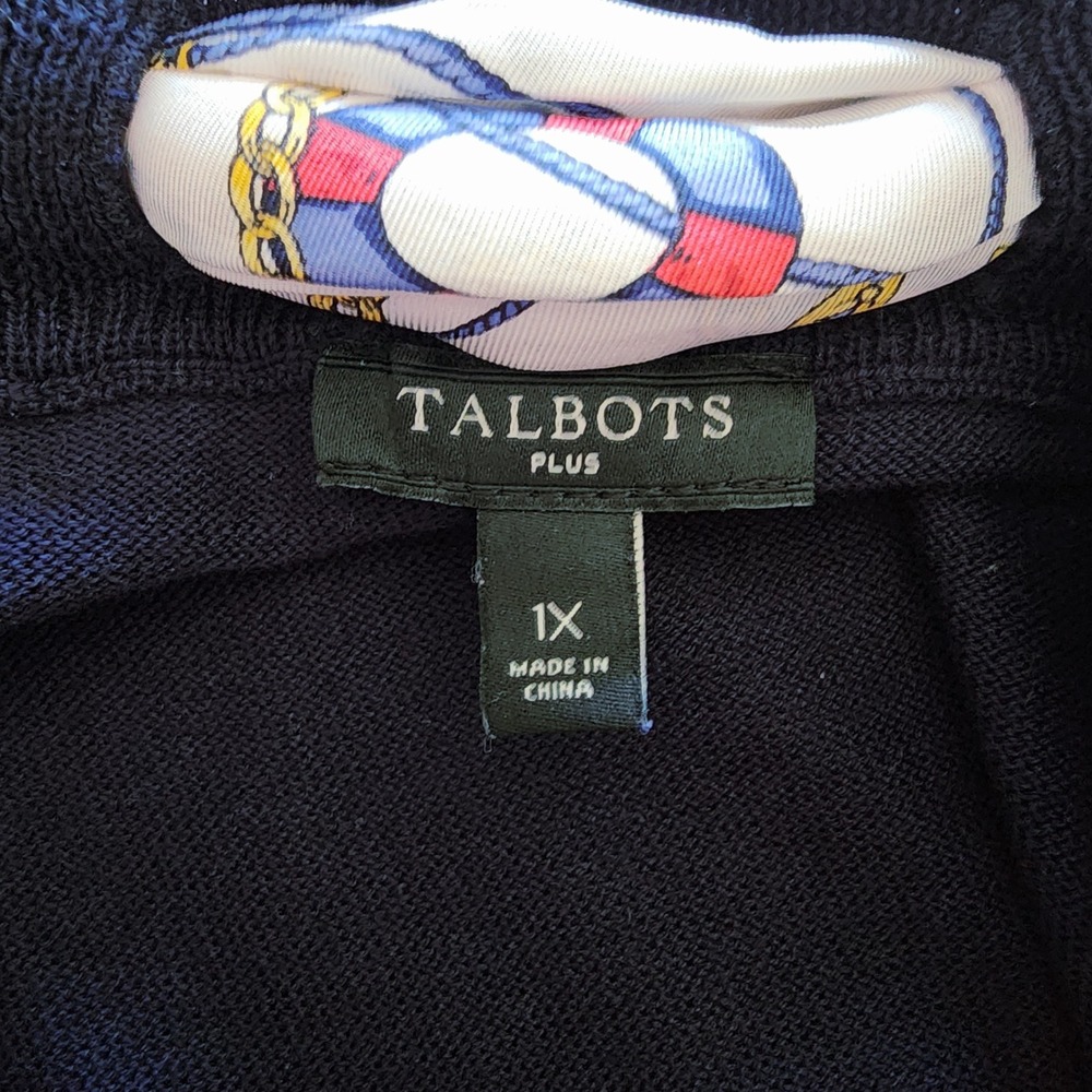 Talbots Plus 1X Blue‎ Knit Sweater w/ Silk Scarf Detail Nautical Preppy - Picture 4 of 6